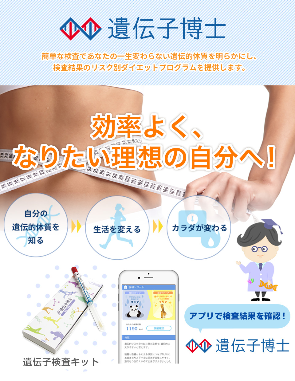 ダイエット遺伝子検査キット【遺伝子博士】は、あなたの遺伝的体質を明らかにし、最も効果的で簡単なダイエット法を提案！Dr.ジーンオリジナルアプリで検査結果を確認できます。